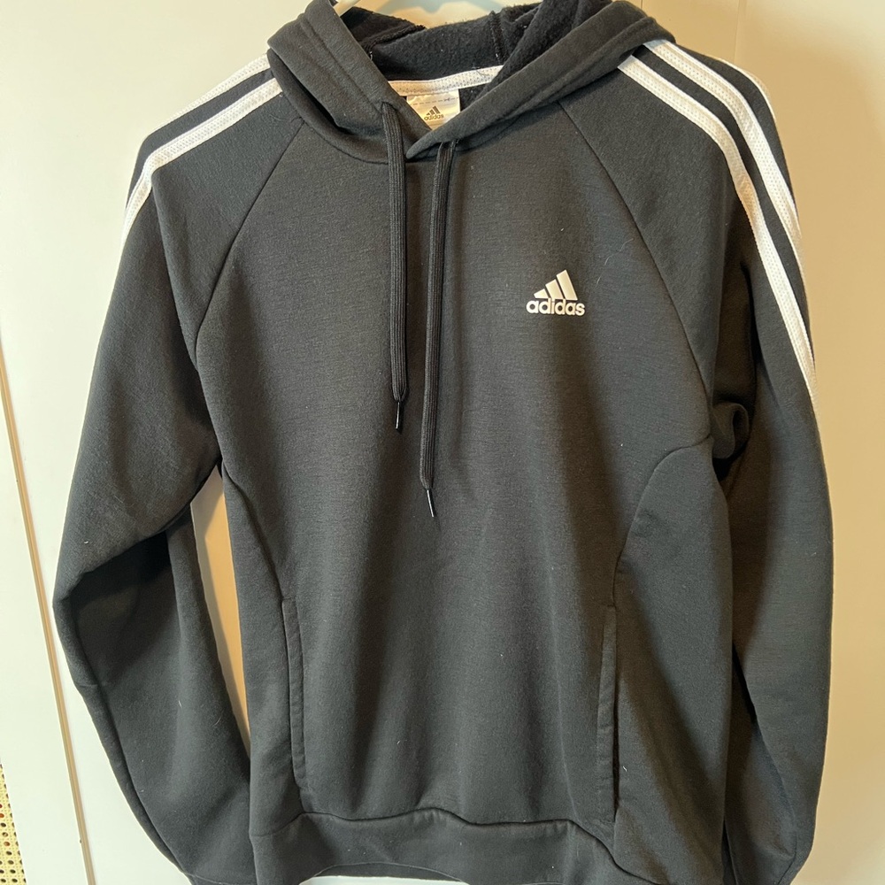 Adidas Men's Black Hoodie with White Stripes. Size Small